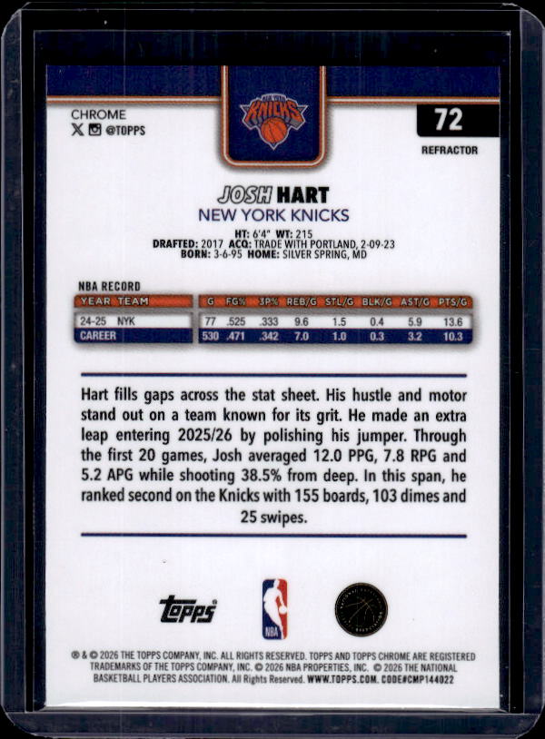 2025-26 Topps Chrome Update #72 Josh Hart Refractor