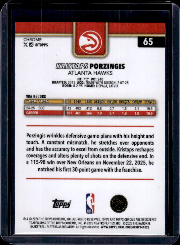 2025-26 Topps Chrome Update #65 Kristaps Porzingis Refractor