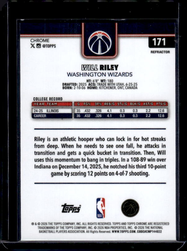 2025-26 Topps Chrome Update #171 Will Riley Refractor
