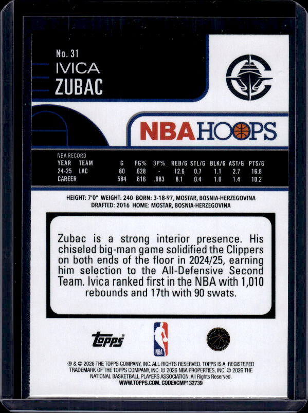 2025-26 Hoops #31 Ivica Zubac