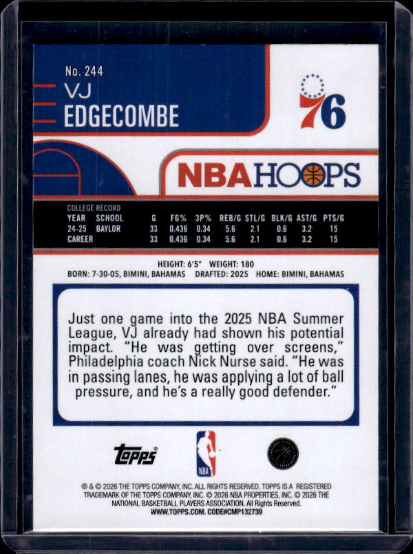 2025-26 Hoops #244 VJ Edgecombe