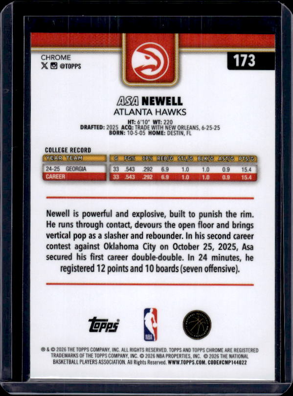 2025-26 Topps Chrome Update #173 Asa Newell Refractor