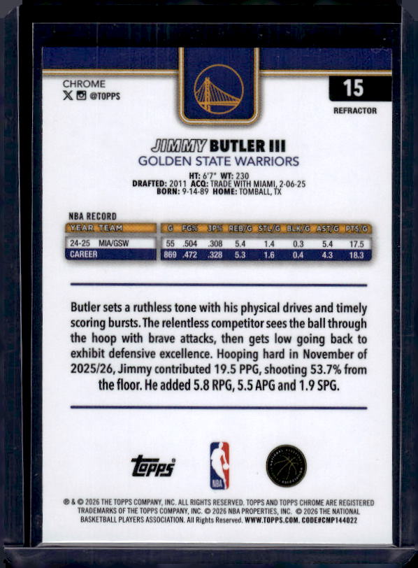 2025-26 Topps Chrome Update #15 Jimmy Butler III Refractor