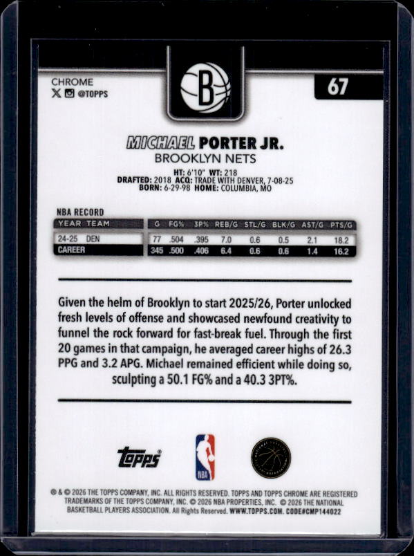 2025-26 Topps Chrome Update #67 Michael Porter Jr. RayWave Refractor