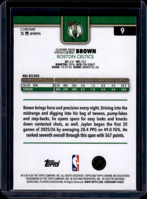 2025-26 Topps Chrome Update #9 Jaylen Brown RayWave Refractor