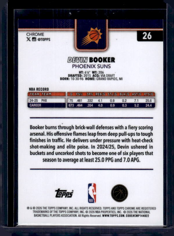 2025-26 Topps Chrome Update #26 Devin Booker RayWave Refractor