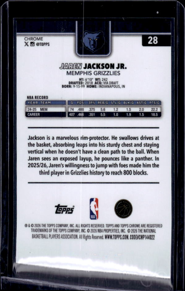 2025-26 Topps Chrome Update #28 Jaren Jackson Jr. RayWave Refractor