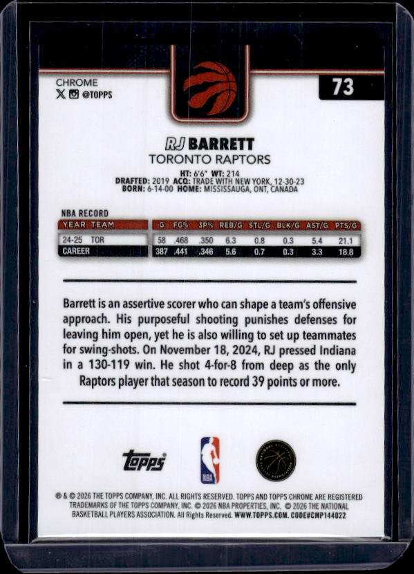 2025-26 Topps Chrome Update #73 RJ Barrett RayWave Refractor