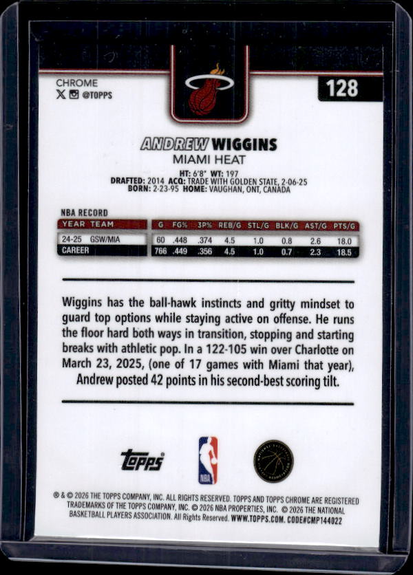 2025-26 Topps Chrome Update #128 Andrew Wiggins RayWave Refractor