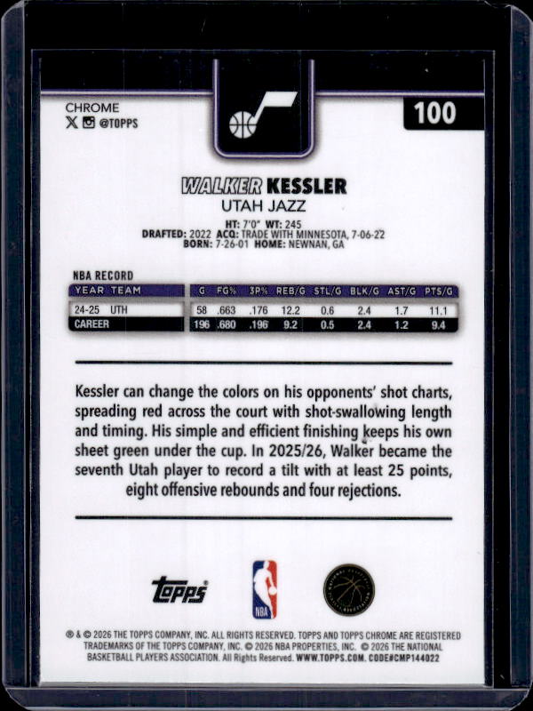 2025-26 Topps Chrome Update #100 Walker Kessler RayWave Refractor