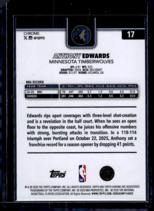 2025-26 Topps Chrome Update #17 Anthony Edwards Red White and Blue Refractor
