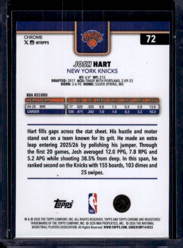 2025-26 Topps Chrome Update #72 Josh Hart Red White and Blue Refractor