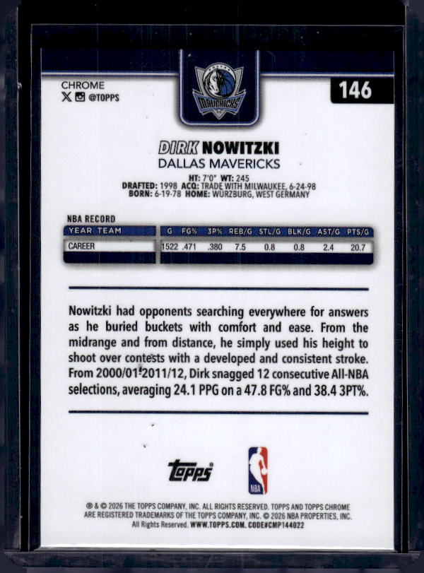 2025-26 Topps Chrome Update #146 Dirk Nowitzki Red White and Blue Refractor