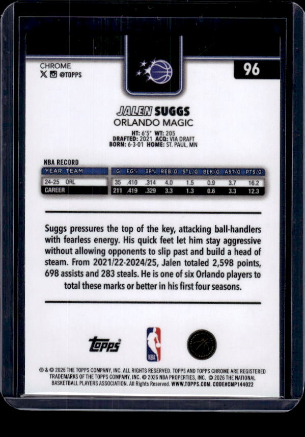 2025-26 Topps Chrome Update #96 Jalen Suggs Red White and Blue Refractor