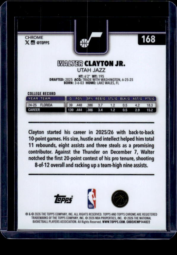 2025-26 Topps Chrome Update #168 Walter Clayton Jr. Red White and Blue Refractor