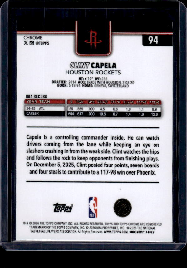 2025-26 Topps Chrome Update #94 Clint Capela Red White and Blue Refractor