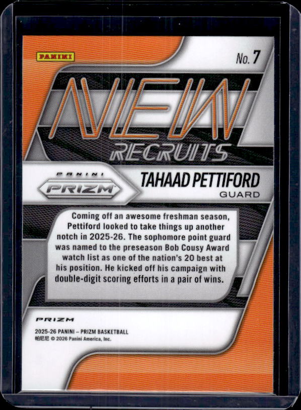2025-26 Panini Prizm #7 Tahaad Pettiford New Recruits Silver Prizm
