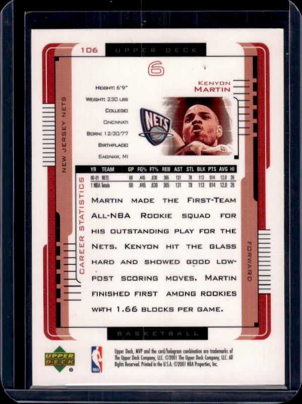 2001-02 Upper Deck MVP #106 Kenyon Martin