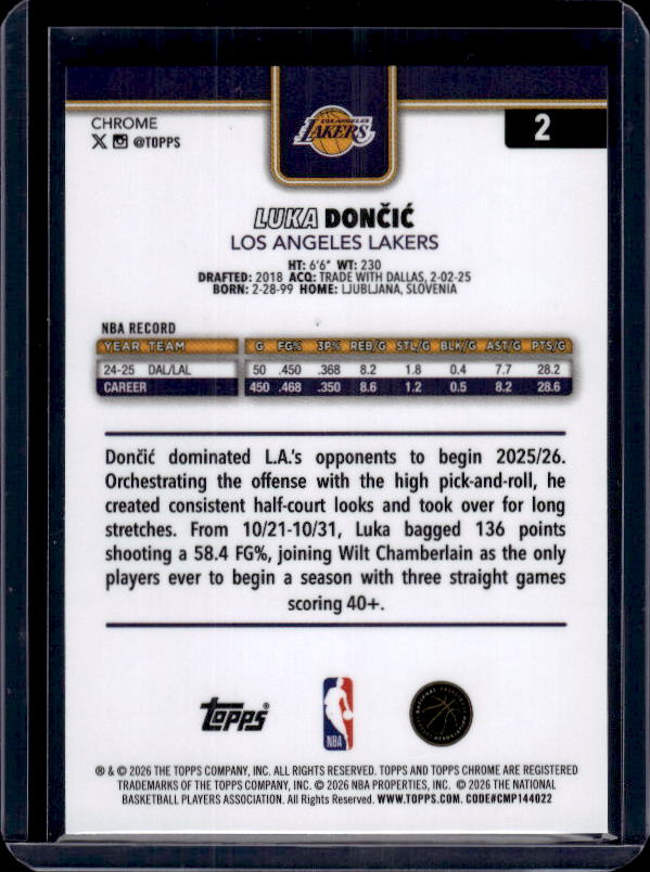 2025-26 Topps Chrome Update #2 Luka Dončić
