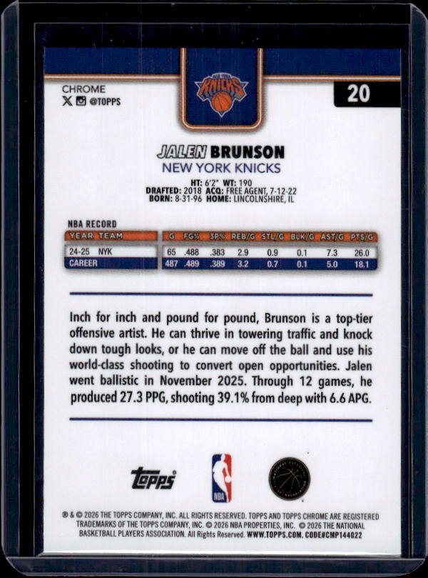 2025-26 Topps Chrome Update #20 Jalen Brunson