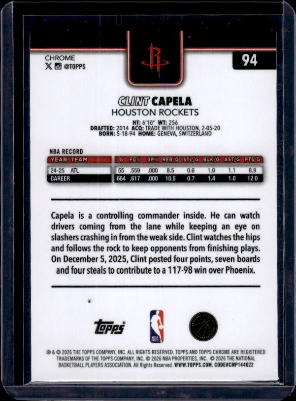 2025-26 Topps Chrome Update #94 Clint Capela X-Fractor