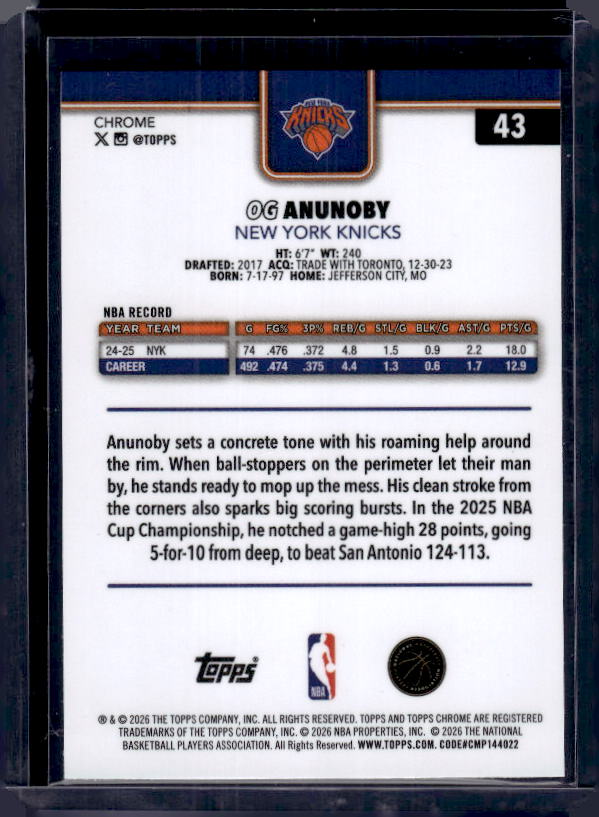 2025-26 Topps Chrome Update #43 OG Anunoby X-Fractor