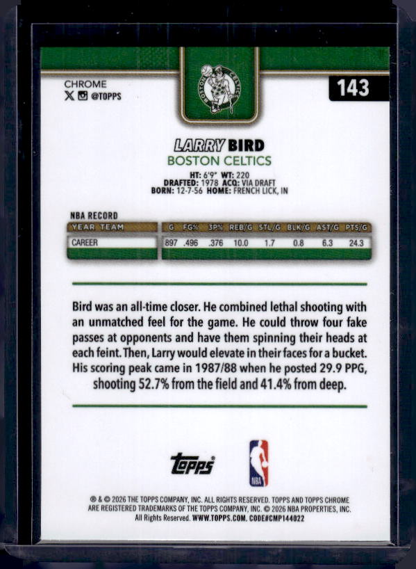 2025-26 Topps Chrome Update #143 Larry Bird X-Fractor