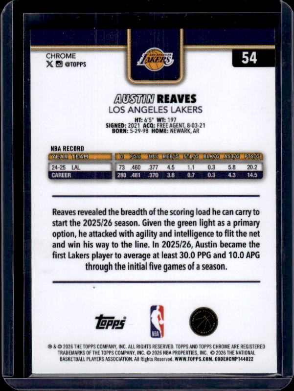 2025-26 Topps Chrome Update #54 Austin Reaves X-Fractor