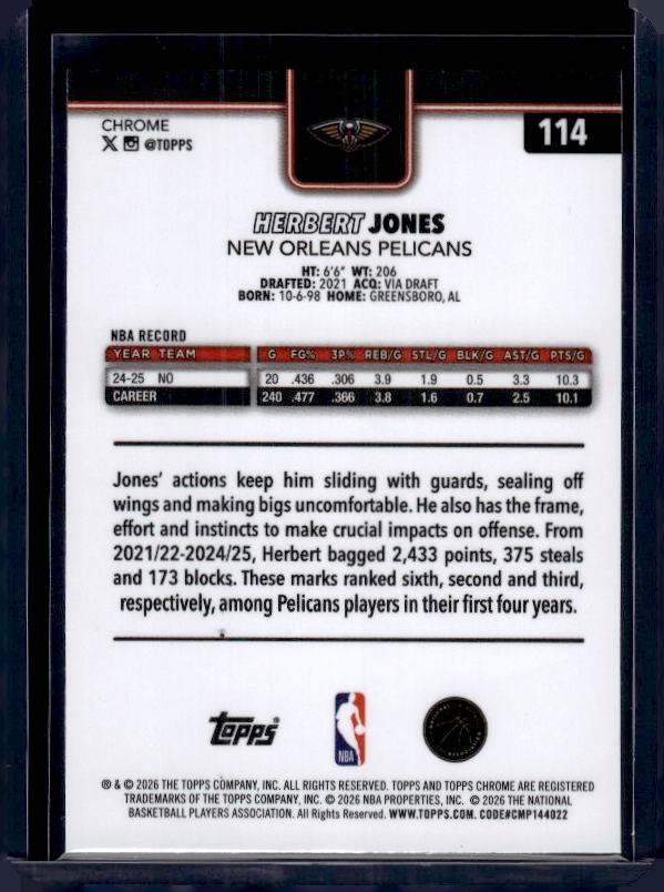 2025-26 Topps Chrome Update #114 Herbert Jones X-Fractor