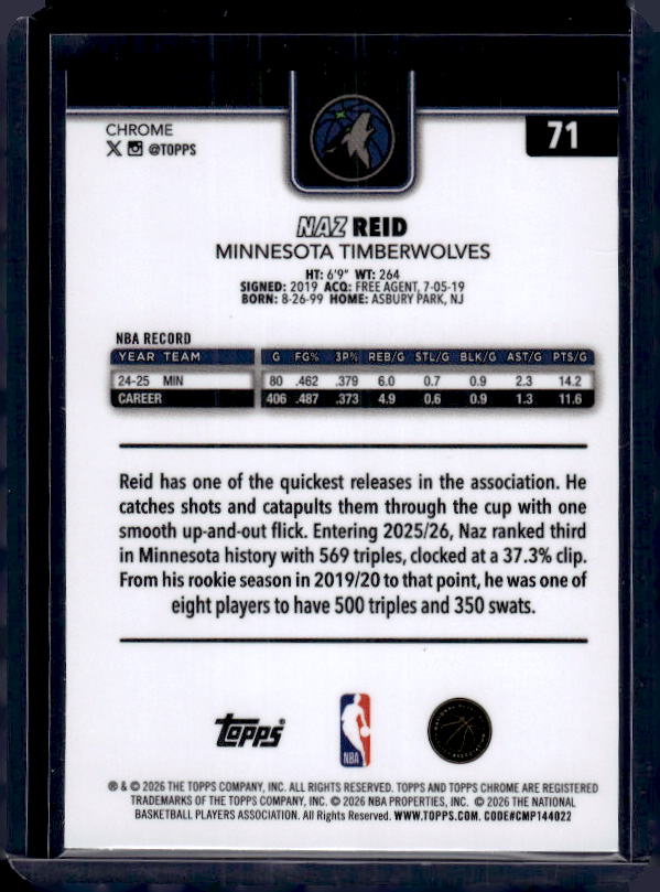 2025-26 Topps Chrome Update #71 Naz Reid X-Fractor