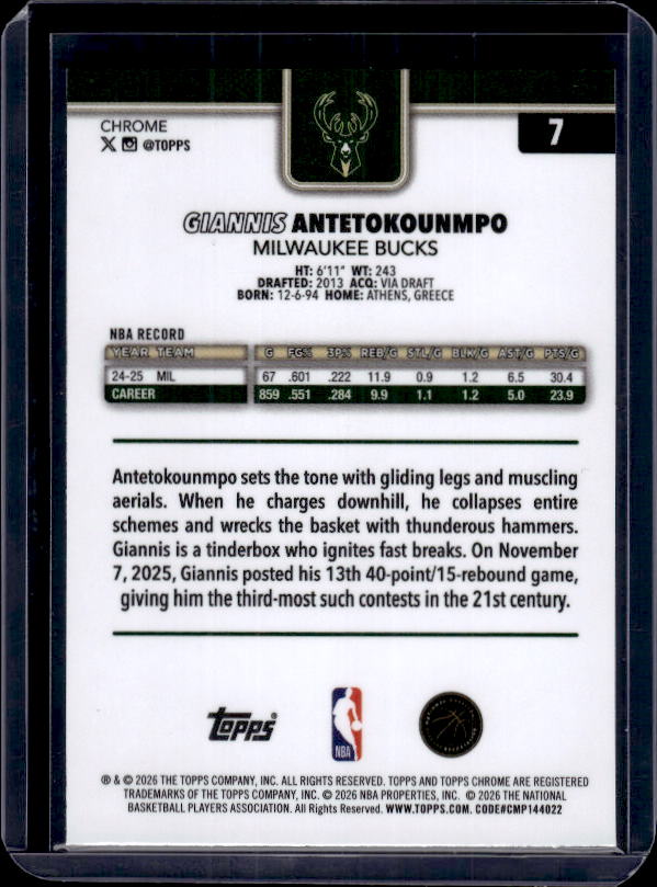 2025-26 Topps Chrome Update #7 Giannis Antetokounmpo X-Fractor