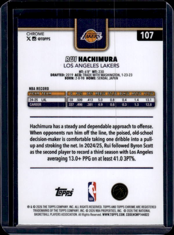 2025-26 Topps Chrome Update #107 Rui Hachimura X-Fractor