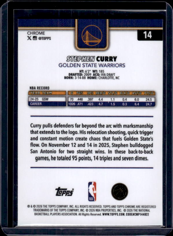 2025-26 Topps Chrome Update #14 Stephen Curry X-Fractor