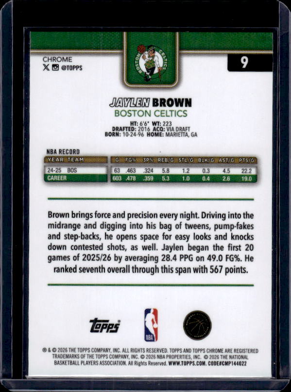 2025-26 Topps Chrome Update #9 Jaylen Brown X-Fractor