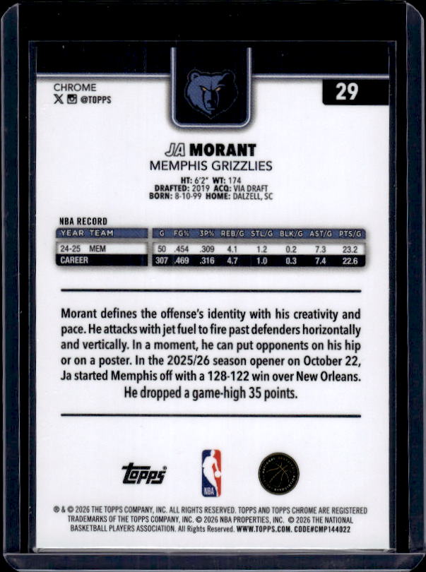 2025-26 Topps Chrome Update #29 Ja Morant X-Fractor