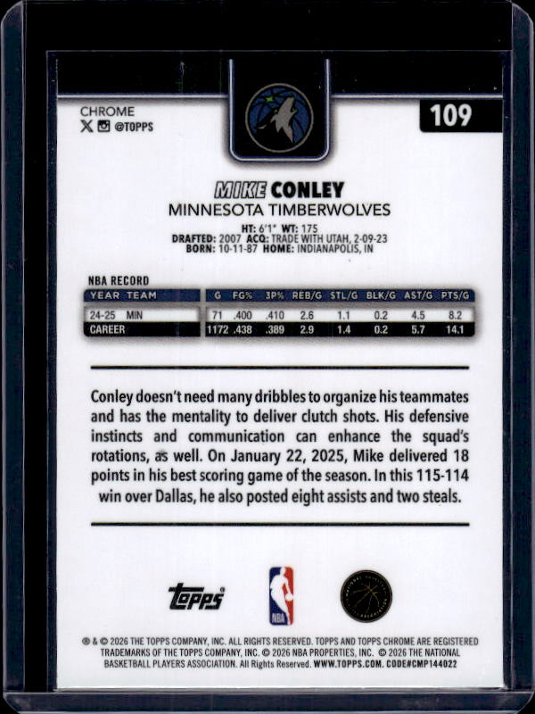 2025-26 Topps Chrome Update #109 Mike Conley X-Fractor