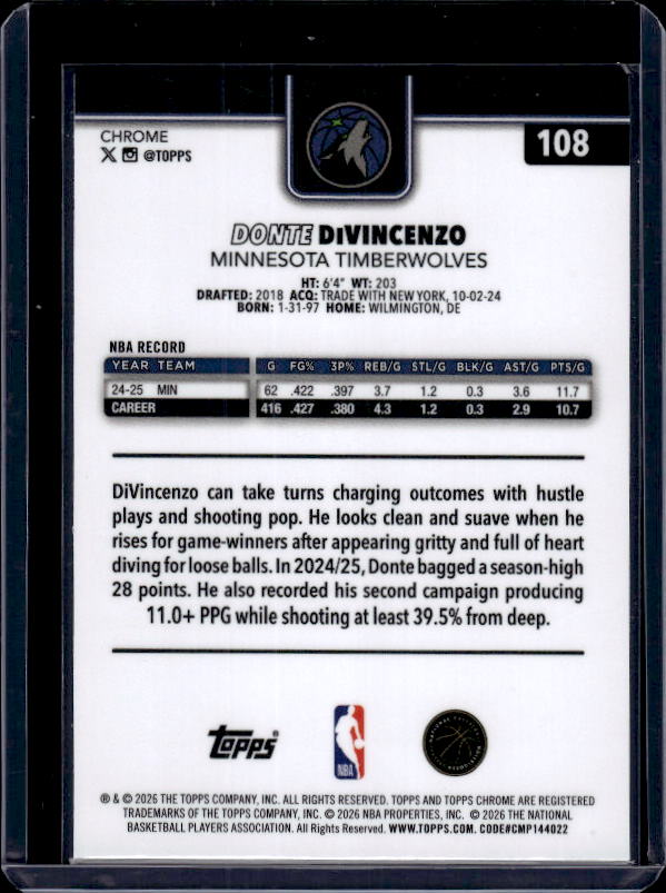 2025-26 Topps Chrome Update #108 Donte DiVincenzo X-Fractor