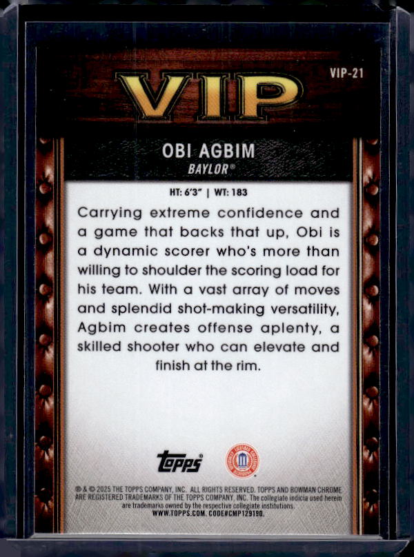 2025-26 Bowman #VIP-21 Obi Agbim Very Important Prospects