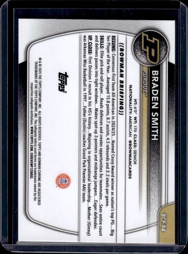 2025-26 Bowman #BCP-94 Braden Smith Chrome Prospects