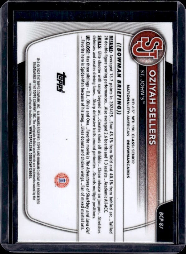 2025-26 Bowman #BCP-87 Oziyah Sellers Chrome Prospects