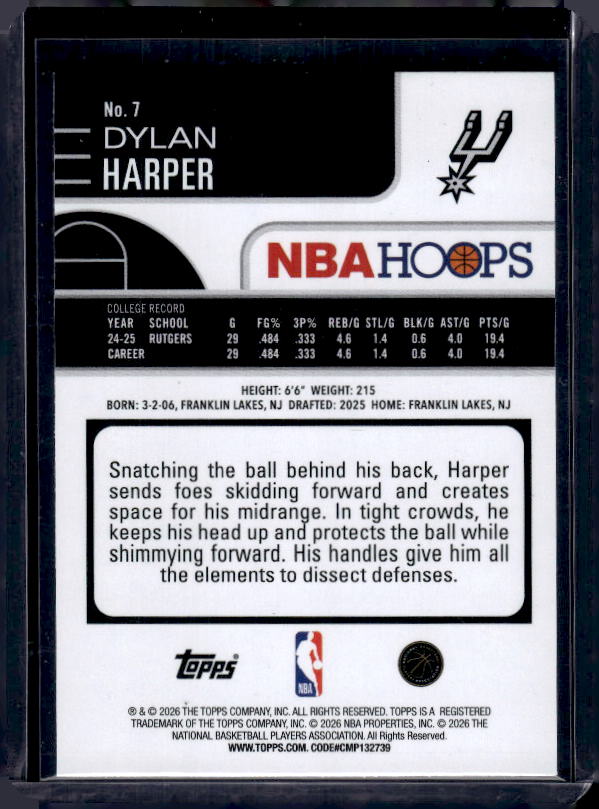 2025-26 Hoops #7 Dylan Harper