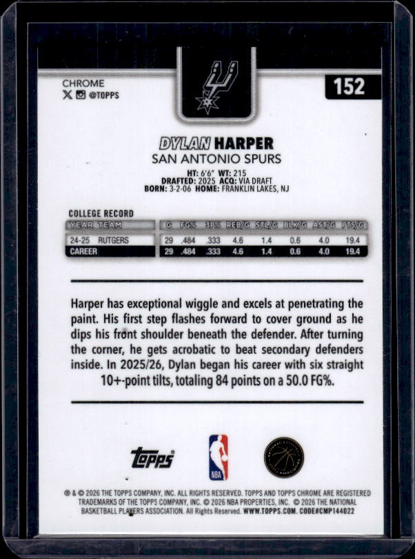 2025-26 Topps Chrome Update #152 Dylan Harper