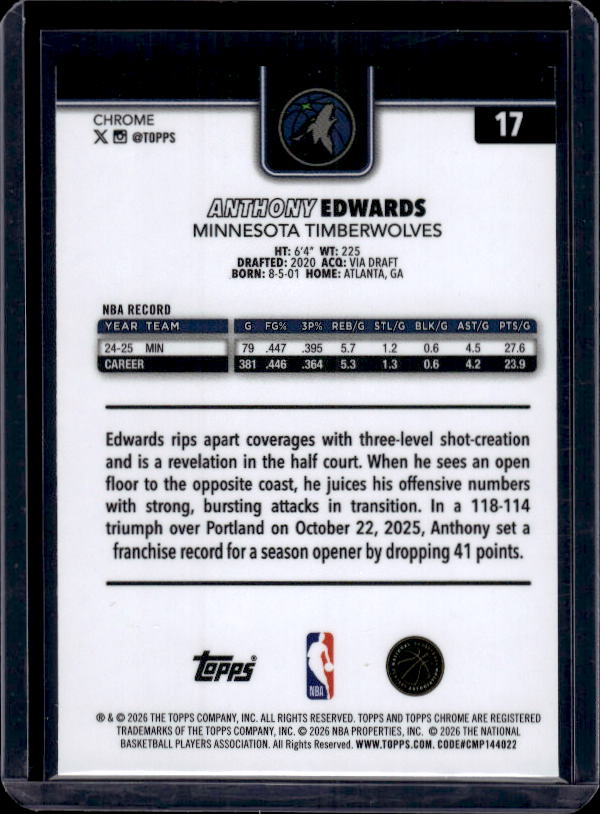 2025-26 Topps Chrome Update #17 Anthony Edwards RayWave Refractor