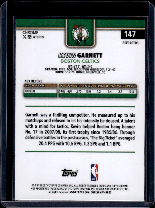 2025-26 Topps Chrome Update #147 Kevin Garnett Refractor
