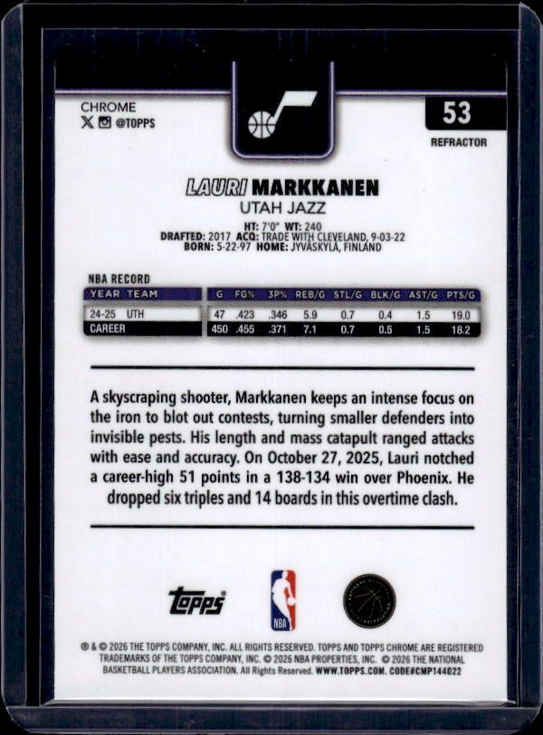2025-26 Topps Chrome Update #53 Lauri Markkanen Refractor