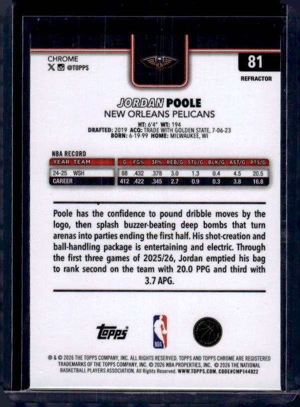 2025-26 Topps Chrome Update #81 Jordan Poole Refractor