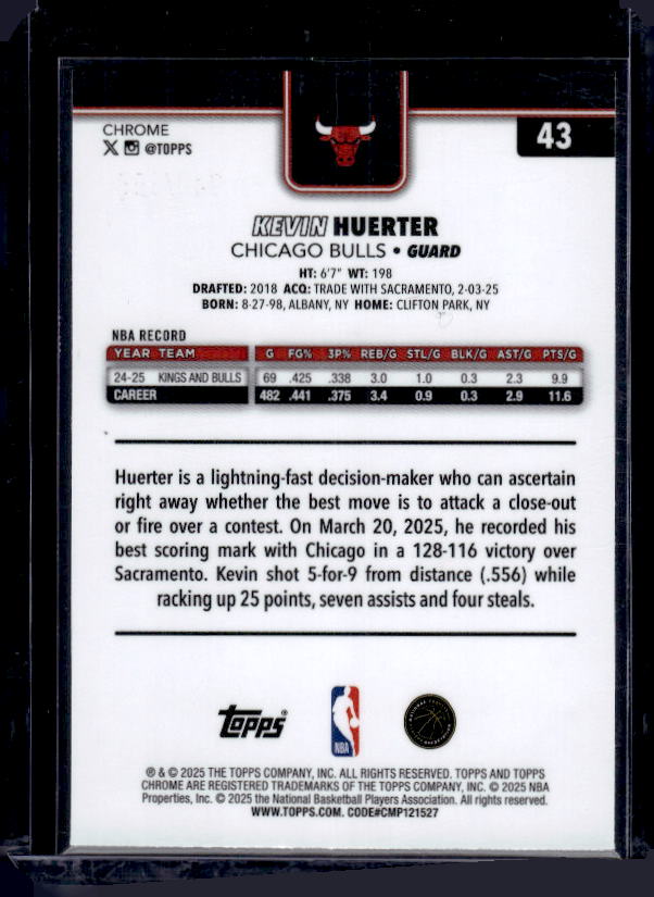 2025-26 Topps Chrome #43 Kevin Huerter Teal Refractor #/299