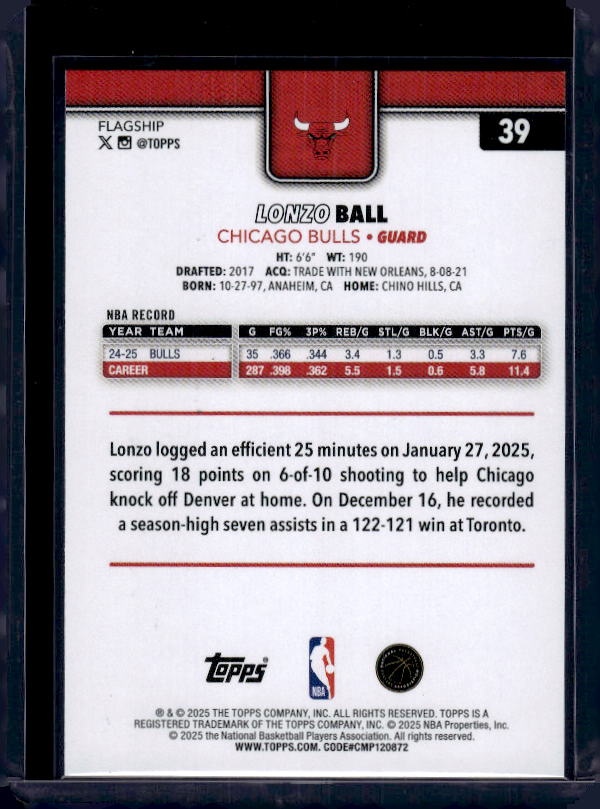 2025-26 Topps #39 Lonzo Ball Blue Holo Foil #/150