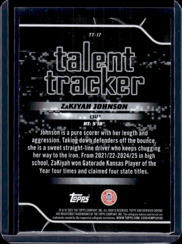 2025-26 Bowman #TT-17 ZaKiyah Johnson Talent Tracker Purple Refractor #/250