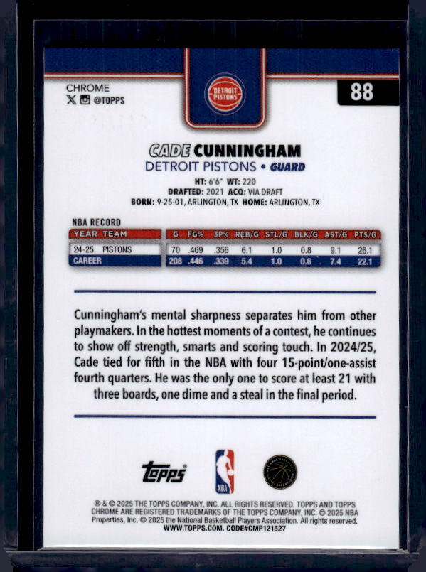2025-26 Topps Chrome #88 Cade Cunningham Aqua Basketball Refractor #/199